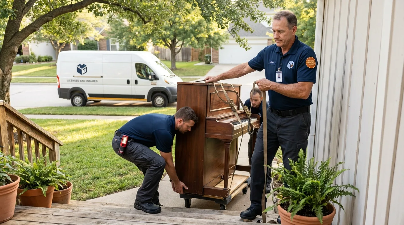 Licensed piano movers securing grand piano in Ellsworth, KS